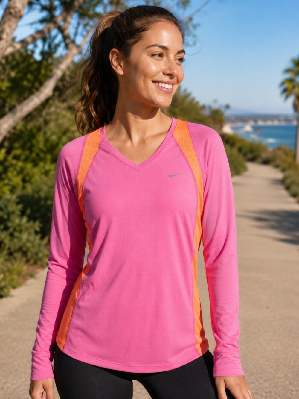 Nike Dri-FIT Running Top Womens Medium Pink Orange Long Sleeve Athletic Workout